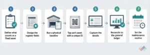 Seven steps to create a fixed asset register.